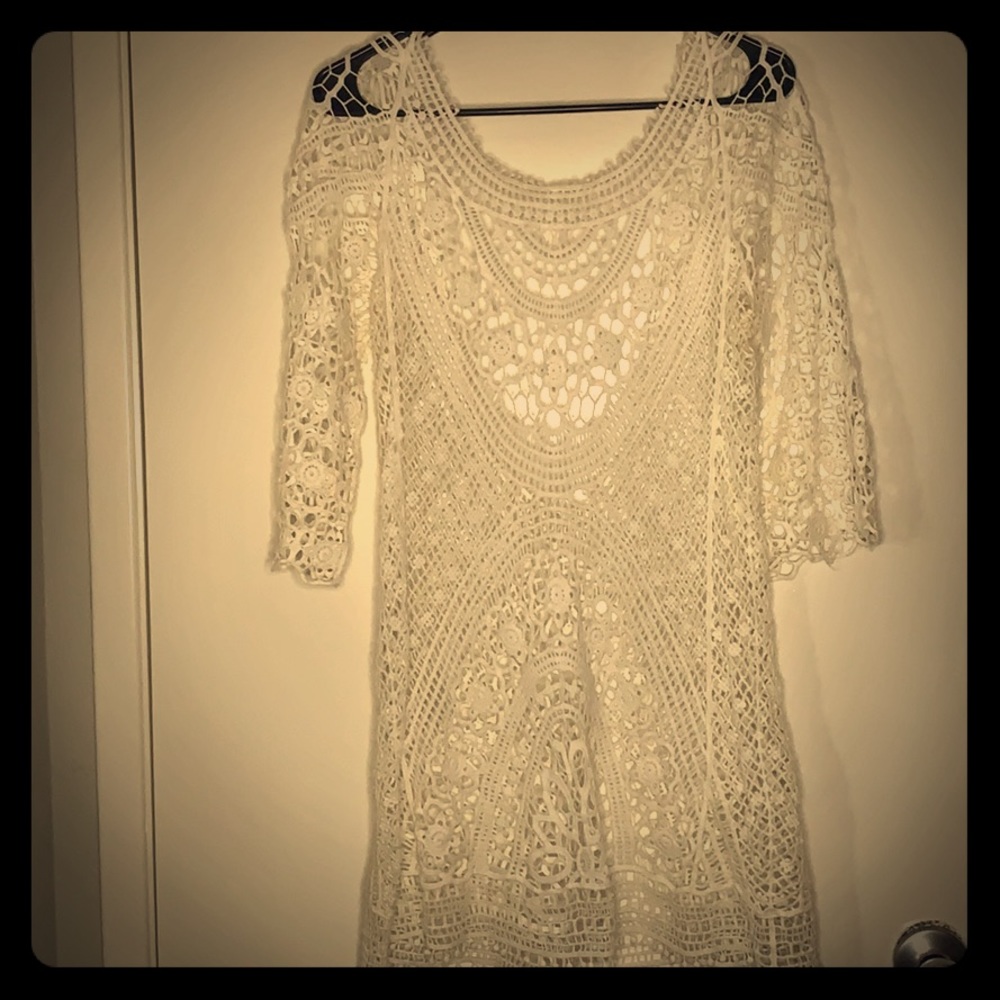 White lace knitted bathing suit coverup